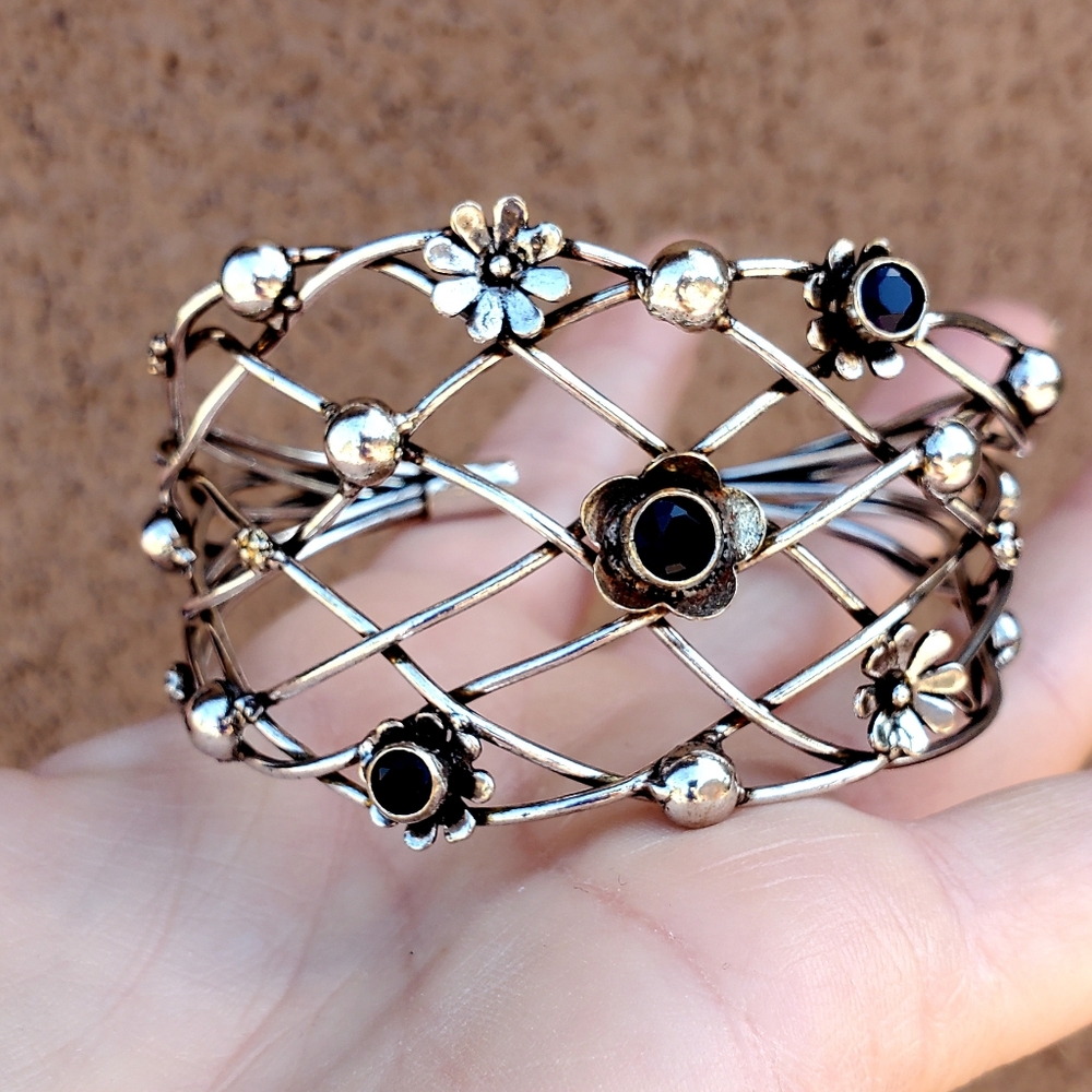 New Blue Topaz Flowers Silver Cuff Bracelet.